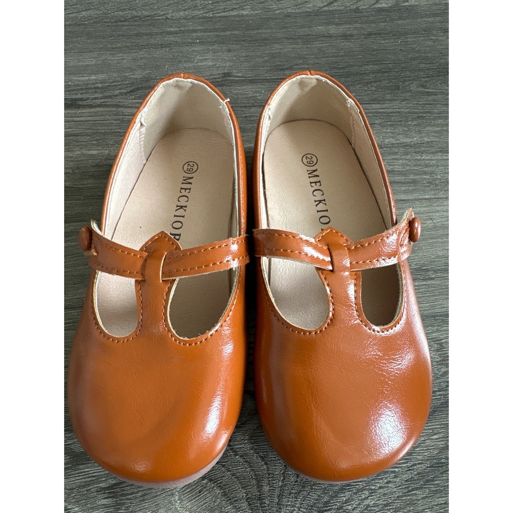 Meckior Kids Brown T-Strap Mary Jane Flats Faux Leather Dress Shoes Size 29 EU